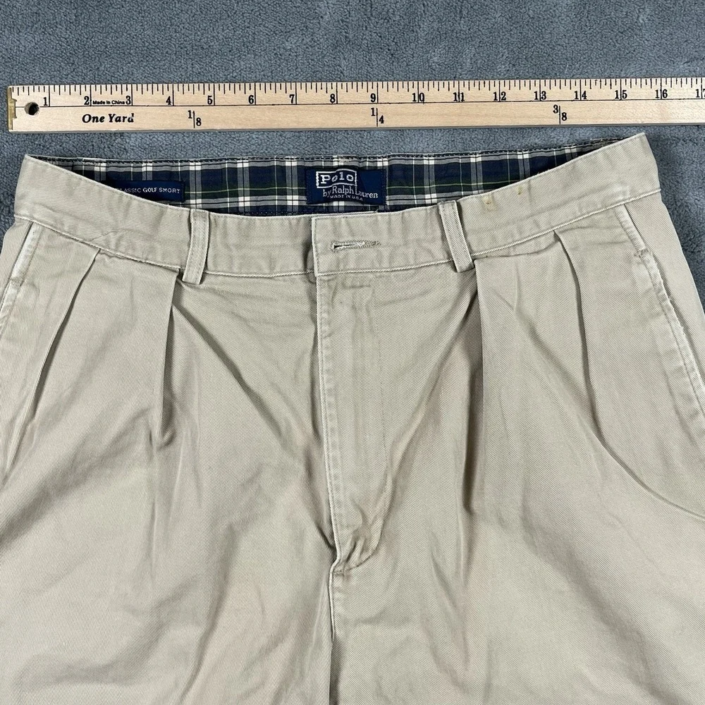 VTG Polo Ralph Lauren Mens 32 Classic Golf Short Beige Pleated Chino Plaid USA